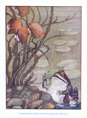 It made Patsy think of her little shop burnt up, illustration from Patsy Mouse pub. by Ward Lock & Co Ltd 1947 (colour litho)
