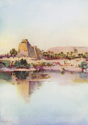 The Pylon of Hatshepset at Karnak, from the Sacred Lake (colour litho)