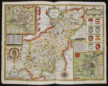 Northamtonshire, 1610. A map of Northamptonshire; insets; Northampton and Peterborough