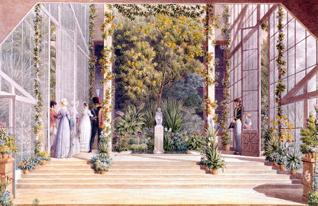 The warm greenhouse of castle of Petite Malmaison built by Josephine de Beauharnais in 1805, but diffrent from The Malmaison castle, with reception room and greenhouses, watercolor by Auguste Garneray