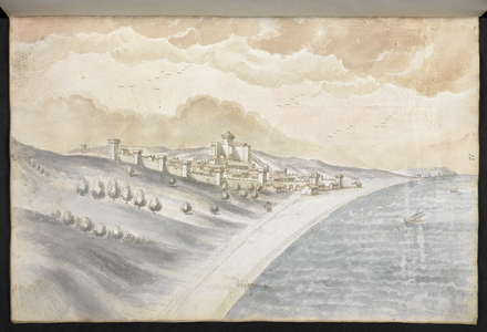 Add. 15757, f.12A part of the the Adriatic coast.Schizzi  et abozzi de' tutte le fortezze, terre, città, castelli e porti, che sono in tutta la spiaggia del Mare Adriatico, di tutto il stato ecclesiastico;" drawn in 1677 by order of Pope Innocent XI.(Sketches of ... all the fortresses, lands, cities, castles and ports, which are all over the beach of the Adriatic Sea, of the ecclesiastical state.)1677