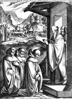 French cistercian monk, founder of the Clairvaux abbey, here with his monks at the beginning the building of the abbey of Clairvaux (1115), engraving