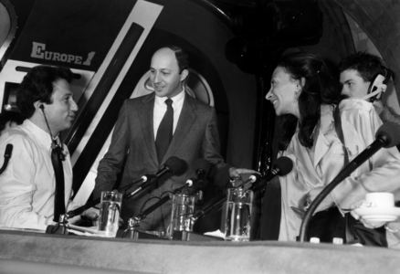 Laurent Fabius, French Prime Minister, With his Wife Francoise Castro at Europe1 Radio With Michel Drucker, November 1984 (b/w photo)