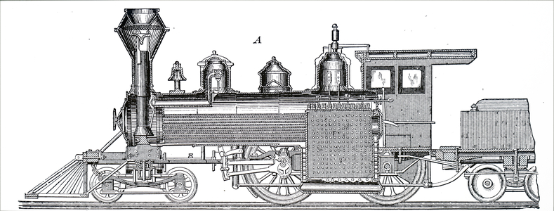 A central longitudinal section of a locomotive.