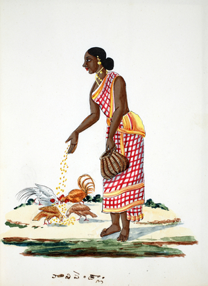 Woman feeding chickens (w/c on paper)