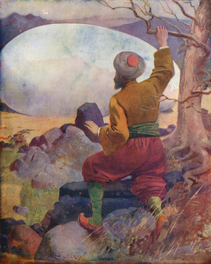 Sindbad sees the Roc's Egg (colour litho)