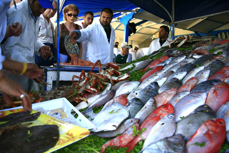 Fish for sale at a restaurant in Essaouira in Morocco. October 11, 2006.  (photo)
