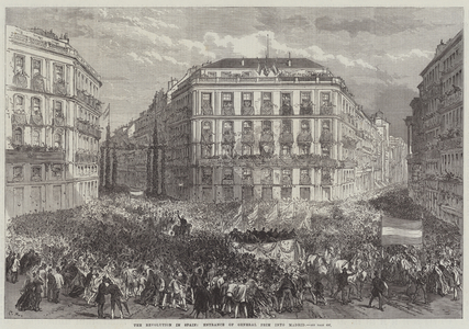 The Revolution in Spain, Entrance of General Prim into Madrid (engraving)