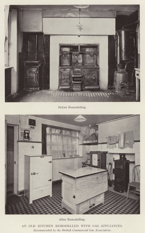 An old kitchen remodelled with gas appliances (b/w photo)