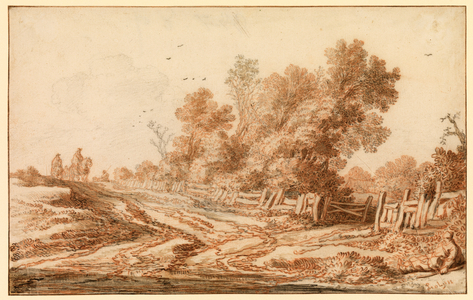 Landscape with travellers on a road, 1655 (red chalk over black chalk, with grey and brown wash & additional drawing in black chalk on laid paper)