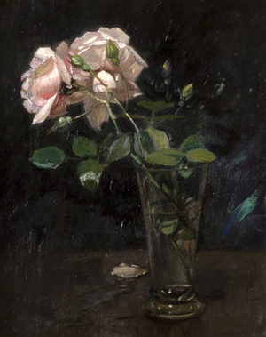 Pink Roses in a Glass Vase (oil on board)