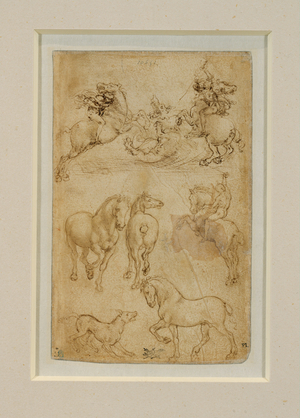 Deux cavaliers combattant un dragon;un cavalier et deux chevaux;un chien et un cheval …