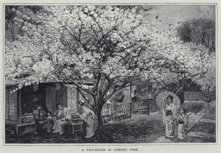 A tea house in cherry blossom time (litho)