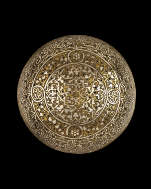Half incense burner, 1475-1525 (metalworked engraved brass with silver inlay and later piercing)