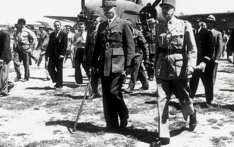 General Charles de Gaulle meeting General Henri Giraud on his arrival on airfield in Algiers May 30, 1943 during the war for joint presidency of the French National Liberation Committee