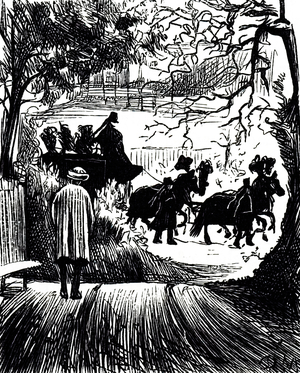 An engraving depicting a horse-drawn hearse driving through the streets, 19th century