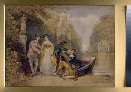 A Watteau scene, with figures landing from a boat, c.1830 (w/c with gouache & gum arabic over pencil on paper)