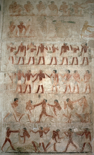 Relief, Bearers offering and butchering oxen, Mastaba of Ptahhotep and Akhethotep, Egypt