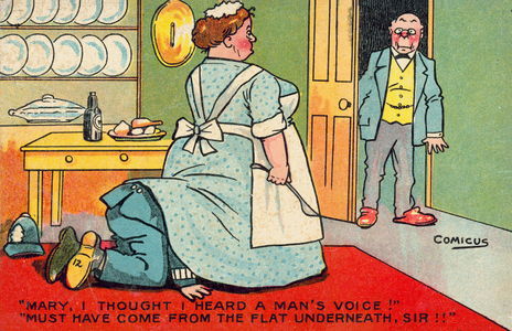 Cook hiding a policeman under her skirts (colour litho)