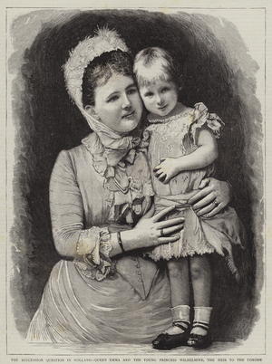 The Succession Question in Holland, Queen Emma and the Young Princess Wilhelmine, the Heir to the Throne (engraving)