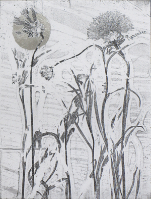 Talk, laugh, smile, remember, 2015 (etching with silver leaf)