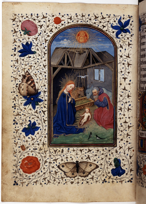 Full page: miniature and border composed of tendrils and floral motifs with two butterflies, 1450 (tempera painting)