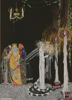 She saw the Lindworm for the first time as he came in and stood by her side. from East of the Sun and West of the Moon, pub.1914 (colour litho)