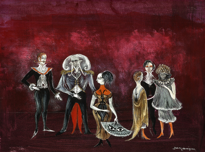 Theatrical Scene; Escena de Teatro,  (gouache and gold paint on paper)
