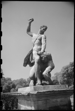 A detail of a statue in the west garden of Seaton Delaval Hall, showing Samson Slaying a Philistine, a Biblical story from the Book of Judges in the Old Testament, Seaton Delaval Hall, Seaton Delaval, Seaton Valley, Northumberland, UK, c. 1955-c.1980 (photo)