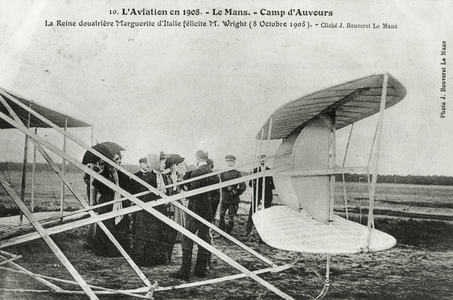 Marguerite, Queen Dowager of Italy, congratulating Wilbur Wright on his first flight in Europe in 'Flyer', 8 October 1908.