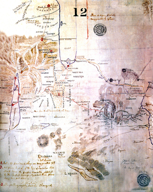 Map of lakes in center of Africa (Victoria lake, Tanganyika lake, Nyassa lake) drawn by Richard Francis Burton, English explorer when he searched for Nile source in 1856-1860