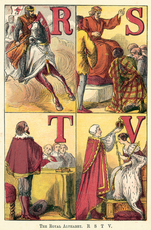 The Royal Alphabet, R, S, T, V (coloured engraving)