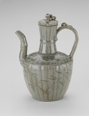 Ewer with Bamboo-shaped Spout, Fluting, and Leaves (stoneware with celadon glaze & underglaze incised & carved decoration)
