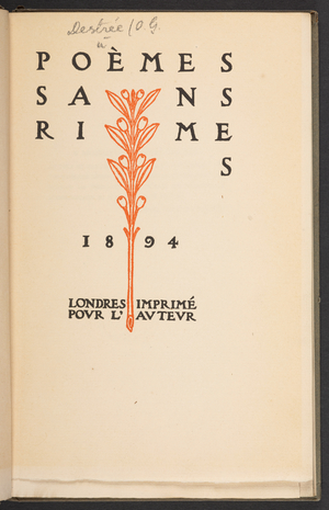 Title page of Poèmes Sans Rimes, by G. Destrée, 1894 (print)