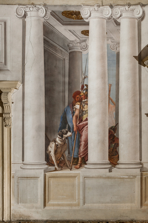 Palazzina (Small Building), the entrance hall: "The Greek Fleet in Aulide", detail representing a dog and a soldier, 1757