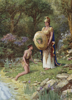 Dare you face such a monster as this? From How Perseus vowed a Rash Vow (colour litho)