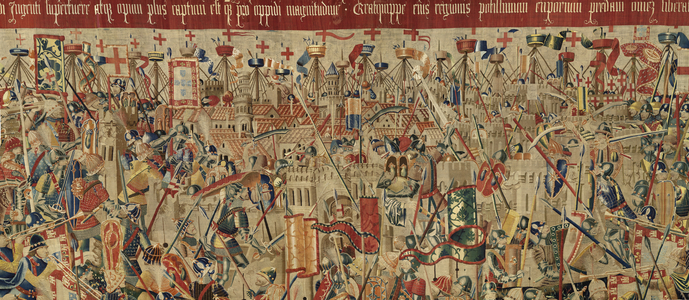 Tapestry showing the Conquests of king Alfonso V of Portugal (Conquistas de Alfonso V de Portugal), Tournai. Detail. (Wool and silk)