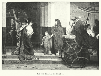 Outside the entrance to a Roman theatre (engraving)