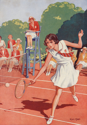 Girl playing in the school tennis tournament (colour litho)