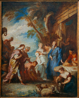 Rebecca recevant des mains d' Eliezer les presents d' Abraham …