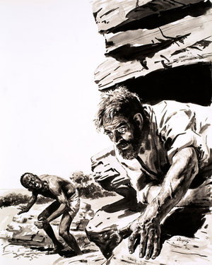 Explorer Attilio Gatti explored the secret cave of Kawena known as the Cave of Agonising Death (gouache on paper)