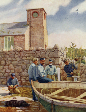 Crab-Pot-Making by St Agnes Church (colour litho)