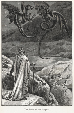 'The battle of the dragons'. King Athur watching two dragons fighting.