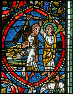 Window w5-L depicting Abraham is stopped by an angel from sacrificing Isaac (stained glass)