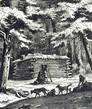 An engraving depicting a typical settler's wood cabin in Kansas, 19th century