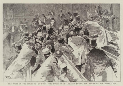 The Fight in the House of Commons, the House as it appeared during the Height of the Disturbance (engraving)