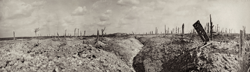 View of Thiepval from an old German trench, France, 1914-18 (b/w photo)