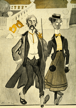 An English couple in France being mocked for their strange fashion sense, 1903 (litho)