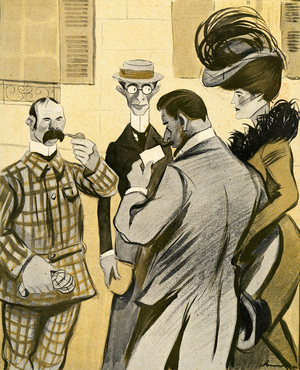 Two Englishmen clumsily ask a glamorous French couple for directions in bad French, 1903. (litho)
