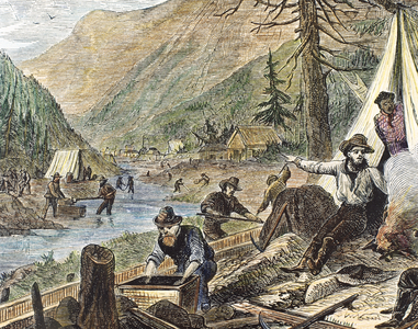 USA, Gold Rush, 19th century (colour engraving)